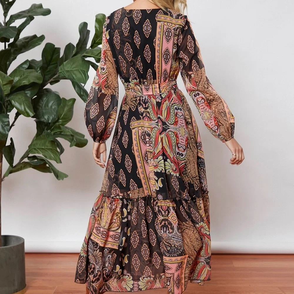 Boho paisley print v neck sheer long sleeve maxi dress - Picture 5 of 6